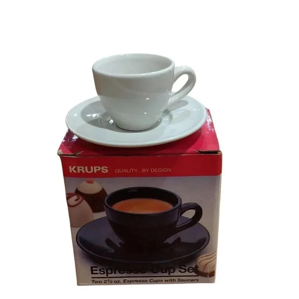 2 Krups Espresso Cup Sets, 4 2 1/2 Espresso Cups with Saucers, White Stoneware.